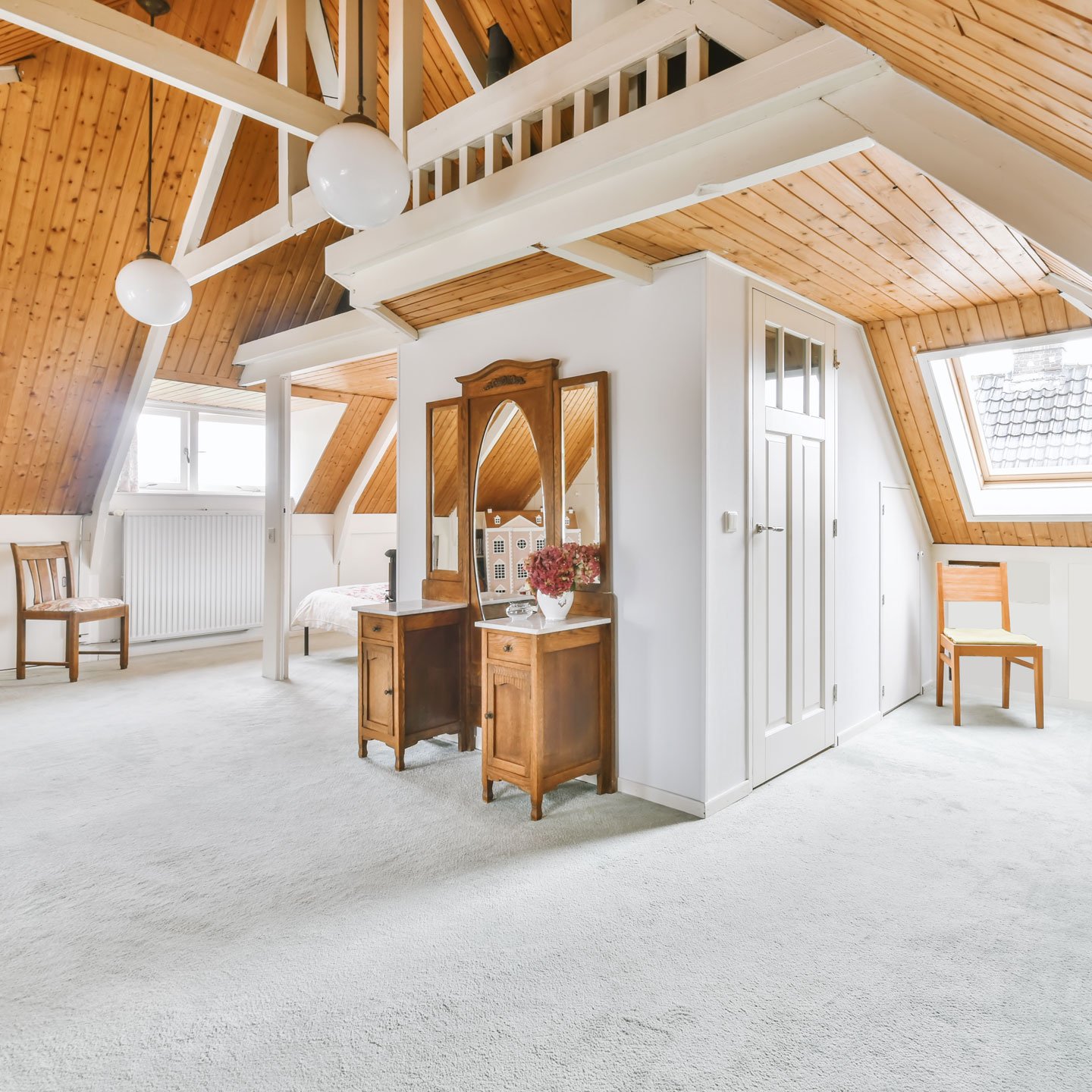 Cozy Furnished Attic With A High Wooden Ceiling Slider